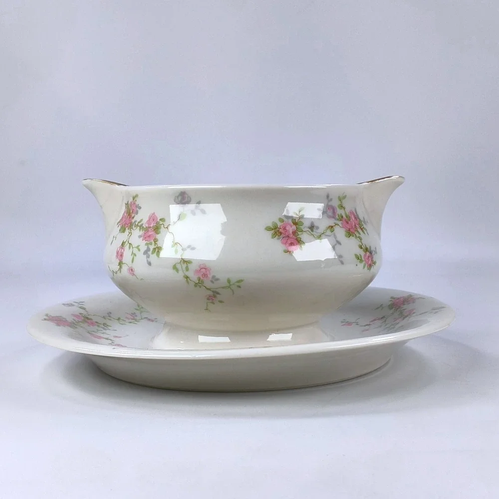 Theodore Haviland New York Pink Spray Gravy Boat Attached Underplate Gold Trim